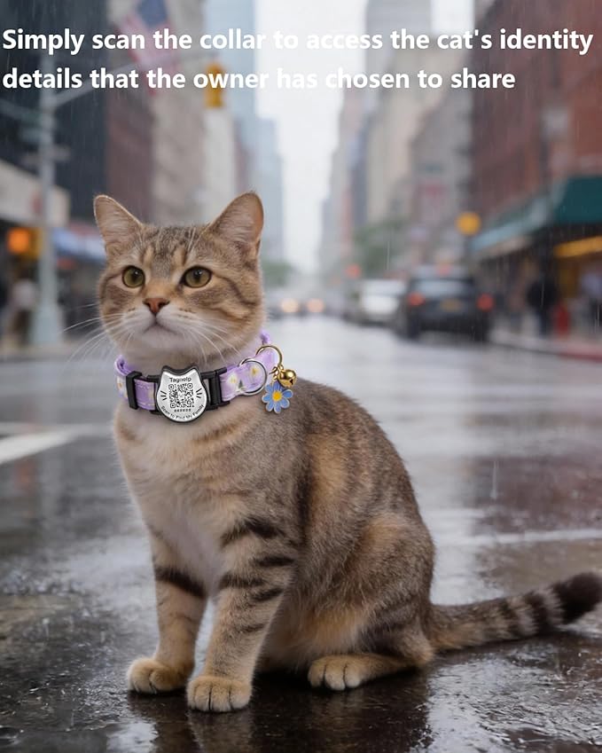 4 Pack-QR Code Cat Collar Breakaway Safe - Cotton Reflective Kitten Collar with Bell & Floral Pendant, Pink Purple Flowers Design, Customizable Online Pet ID for Lost Cats,Flower Pendan