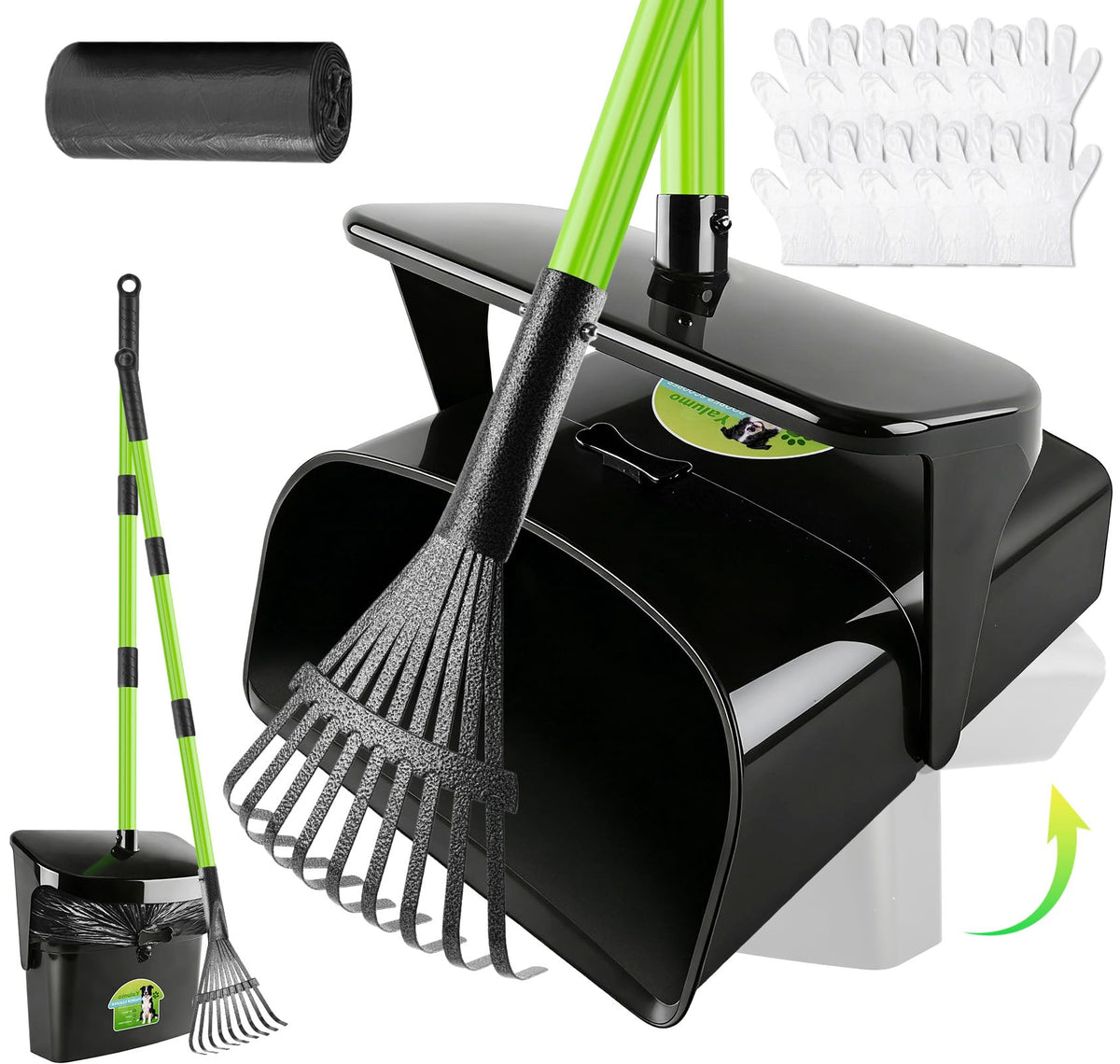 Yalumo Pooper Scooper Swivel Bin & Rake with 50 Waste Bags, 38" Long Adjustable Handle Dog Poop Scooper for Yard Large Medium Small Dog, Easy to Clean Pet Waste Use on Grass, Dirt, Concrete or Gravel