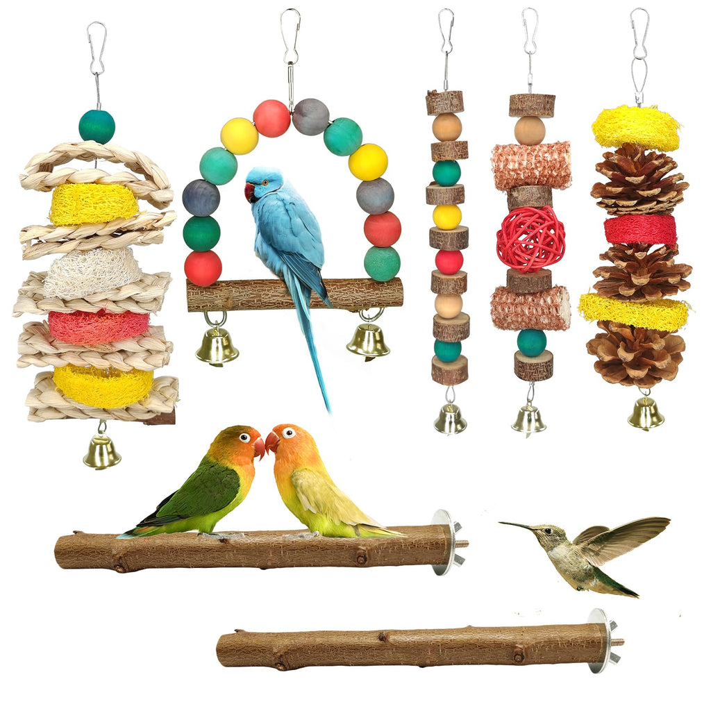 JOREWOOD 7 Pcs Natural Wood Bird Toy & Perch for Parakeets, Cockatiel & Lovebird, Budgie Play Accessory for Small Parrots Indoor Cage