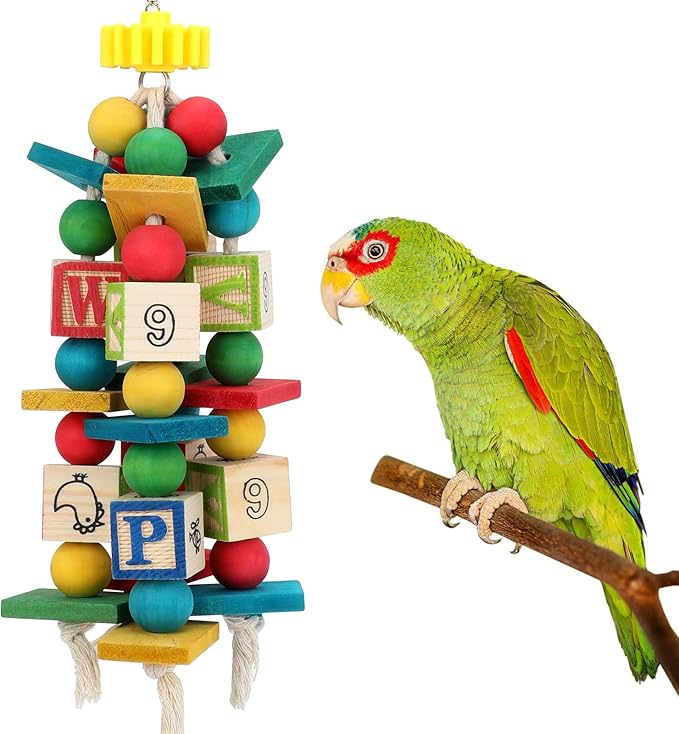 Rypet Hanging Parrot Toys, Wood Rope Chew Blocks for Cockatiels