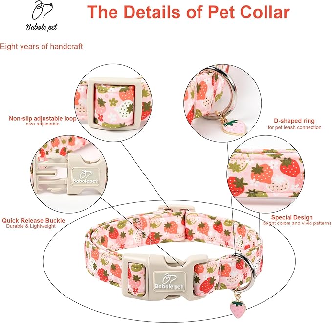 Babole Pet Strawberry Dog Collar for Small Dogs - Cute Spring Pink Dog Collars, Summer Pastel Puppy Collars, Soft Adjustable Boy Girl Dogs Collar with Quick-Release Buckle XS