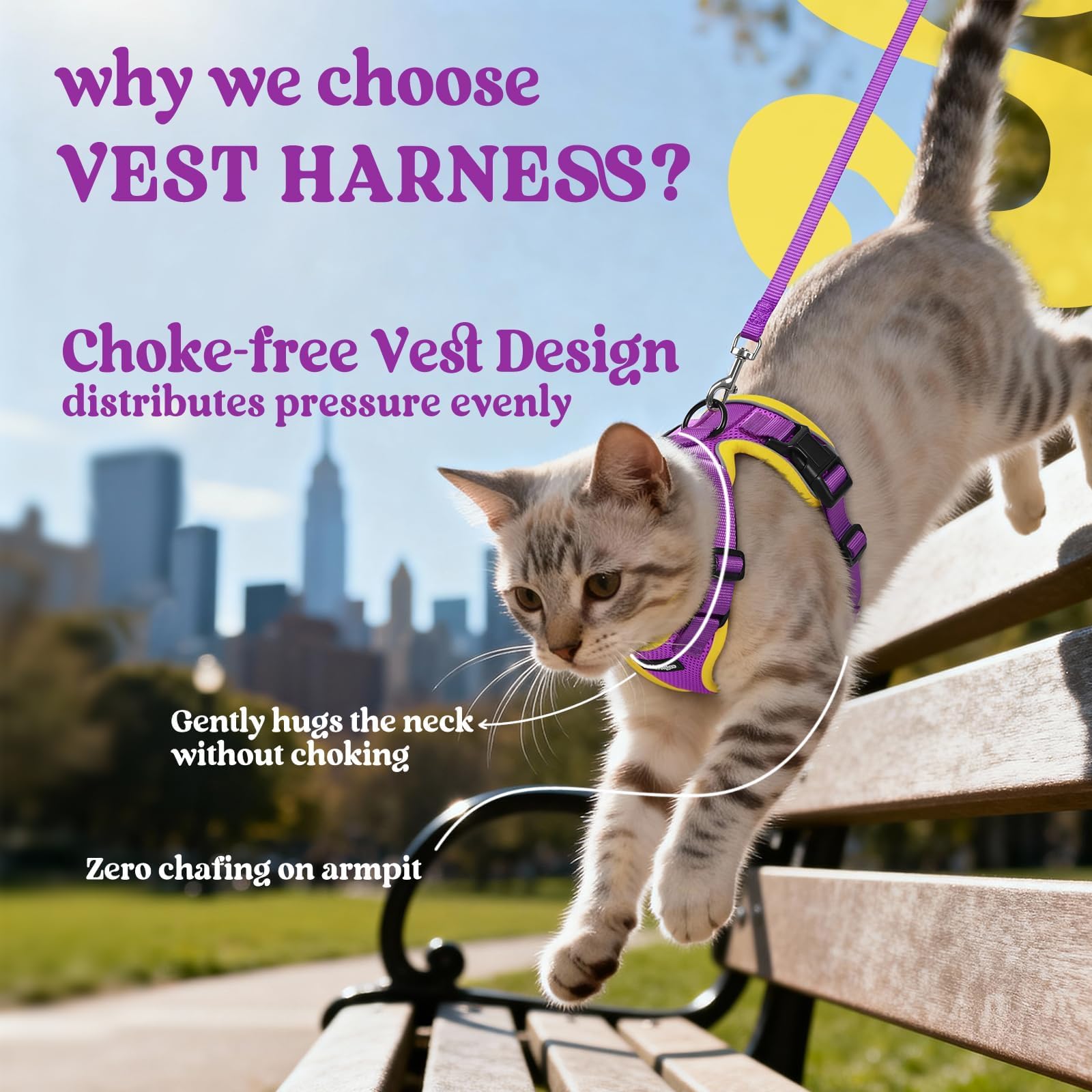 rabbitgoo Cat Harness and Leash Set, Escape Proof Vest, Purple & Yellow