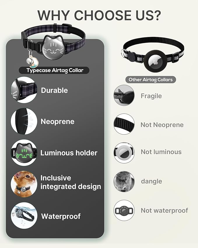 AirTag Cat Collar Breakaway, Reflective Cat Collar Compatible with Apple AirTag 1st & 2nd Gen, Hidden Holder with Bell, Lightweight Water-Resistant Strap for Cats, AirTag Not Included