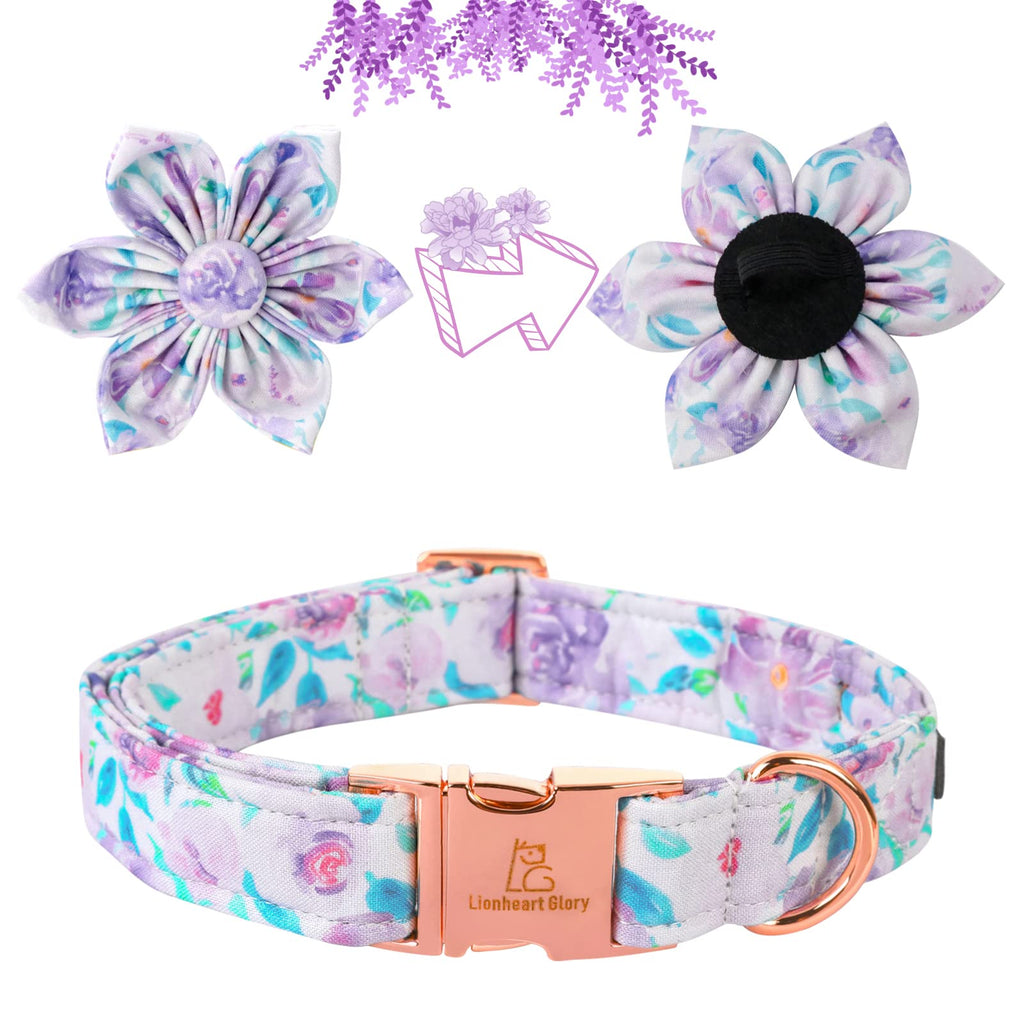 Lionheart Glory Purple Dog Collar With Flower - Cute Floral Pattern Adjustable Pet Collar for Small Dogs