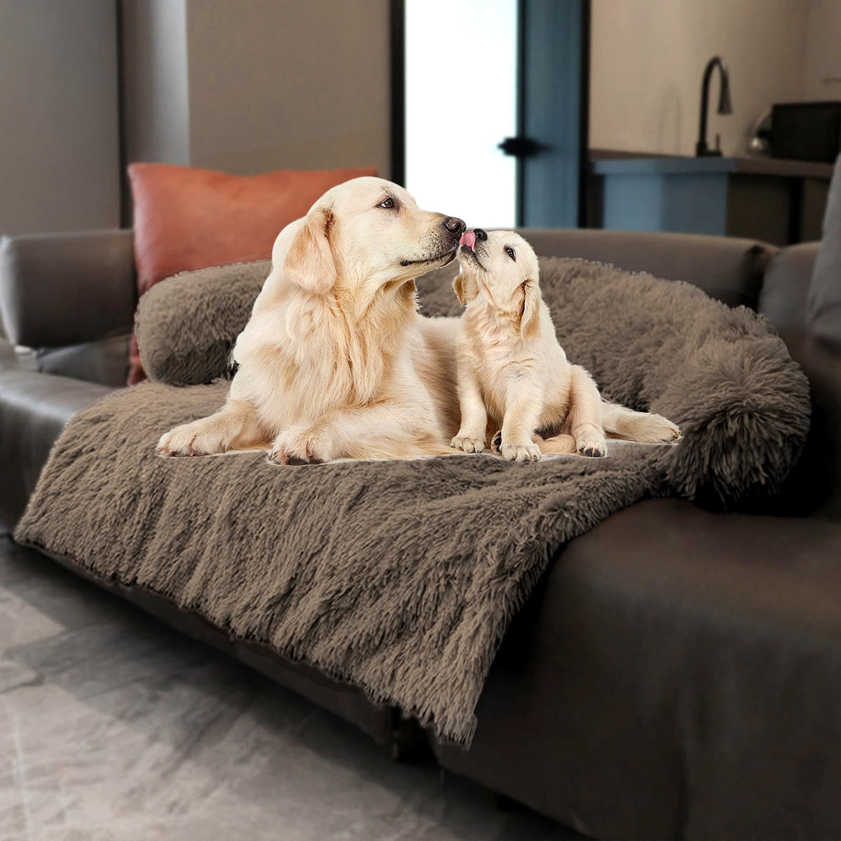 Tinaco Calming Dogs/Cats Bed Mats, Dog Pad Washable Removable Couch Cover, Plush Long Fur Mat for Pets, Waterproof, Perfect for Small, Medium and Large Dogs and Cats (Desert Brown, 45"x37"x 6.0")