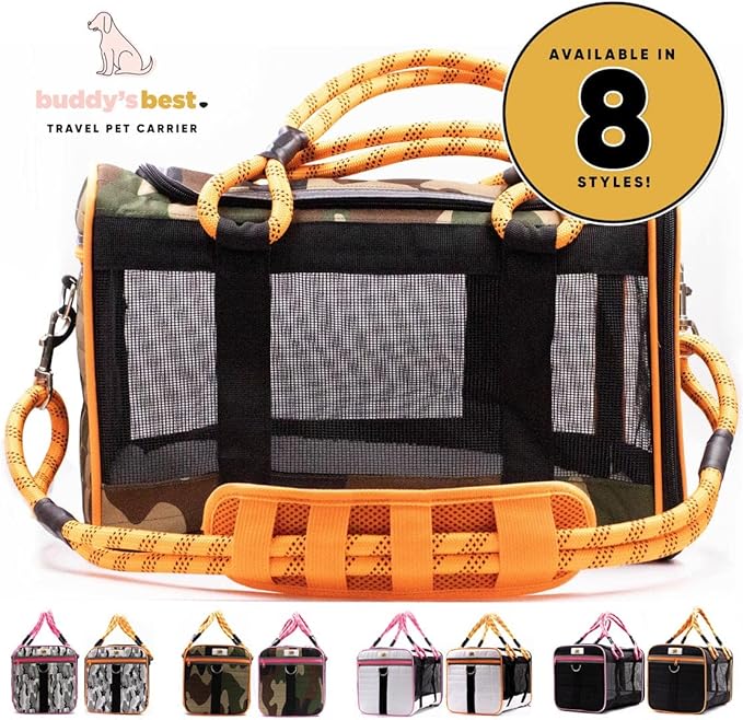 Buddy's Best Airline Approved Pet Carrier – Black & Orange Heavy Duty, Fits Under Seat, TSA Compliant, Ventilated Mesh Design w/Waterproof Base & Reflective Safety Strips