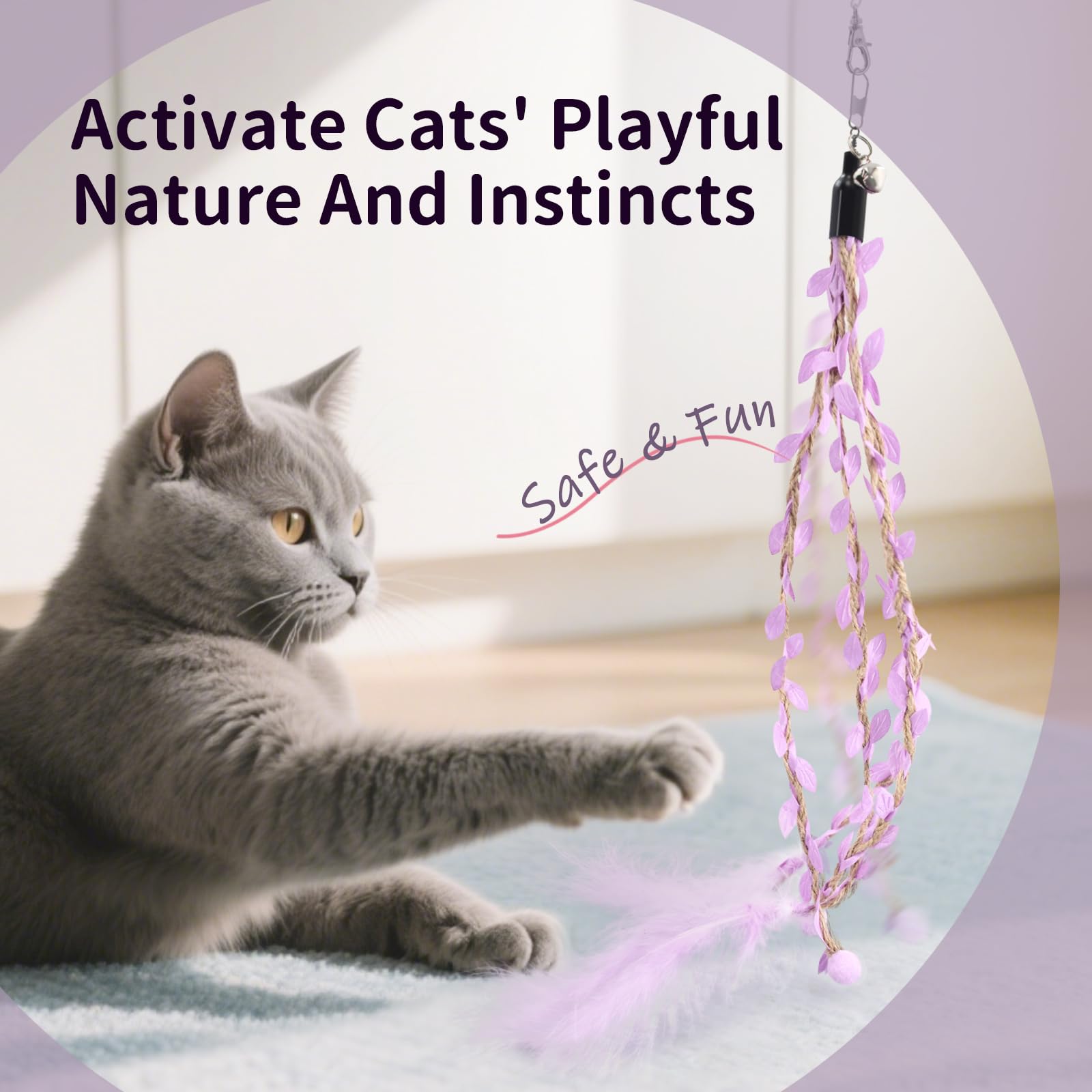 SONGWAY Cat Wand Toys for Indoor Cats - Cat Toy Set with Retractable Teaser Wand and 6 PCS Fairy Feather Toy Refills, Dragonfly Tassel Cat Toys Interactive, Purple