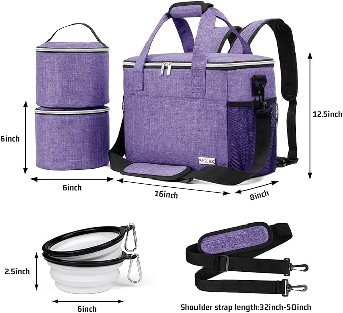 BAGLHER Dog Travel Bag Backpack Pet Supplies Backpack 5-Piece Set with Shoulder Strap 2 Lined Pet Food Containers 2 Foldable Feeding Bowls Essential Kit for Pet Travel