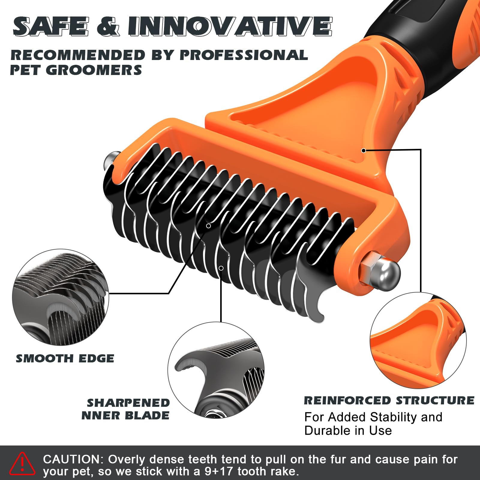 3PCS Pet Grooming Rake & Metal Comb & Flea Comb for Cats and Dogs, Double-Sided Dematting Tool, Extra-Wide Deshedding Dog Brush for Long Hair to Effectively Remove Tangles, Knots and Mats (Orange)