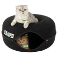 Cattasaurus Peekaboo Cat Cave Donut for Multiple & Large Cats up to 30-45 lbs, 3-in-1 Self Warming Cat Bed, Tunnel & Scratcher for Indoor Cats, Washable & Detachable Small Dog Bed (Black, Large)