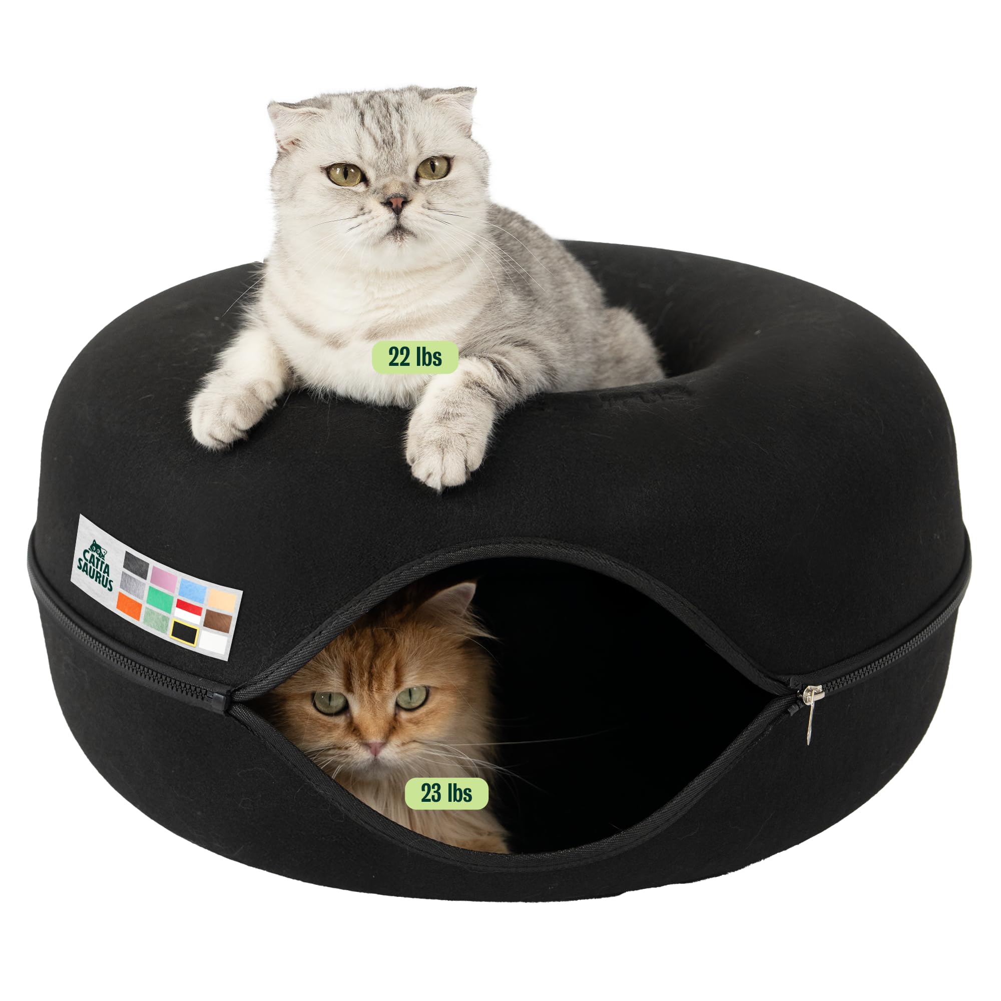 Cattasaurus Peekaboo Cat Cave Donut for Multiple & Large Cats up to 30-45 lbs, 3-in-1 Self Warming Cat Bed, Tunnel & Scratcher for Indoor Cats, Washable & Detachable Small Dog Bed (Black, Large)