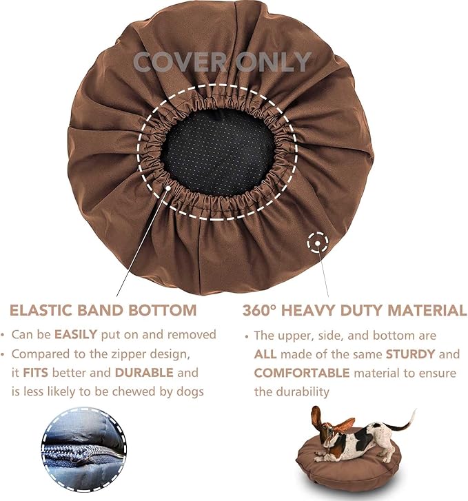 Dog Bed Cover Waterproof Replacement Machine Washable Covers for 36x36 Inch Dog Bed Heavy Duty Scratch Resistant Mattress Protector Pet Bed Round Brown Cover Only