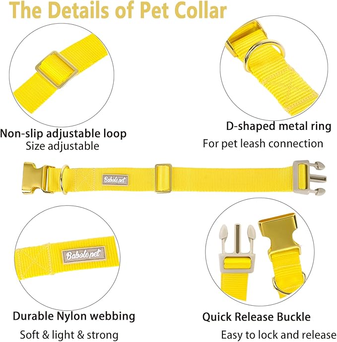 Babole Pet Nylon Dog Collar - Adjustable Yellow Soft Webbing Dog Collars for Small Medium Large Dogs Boy Girl Puppy Collar with Safety Metal Buckle S