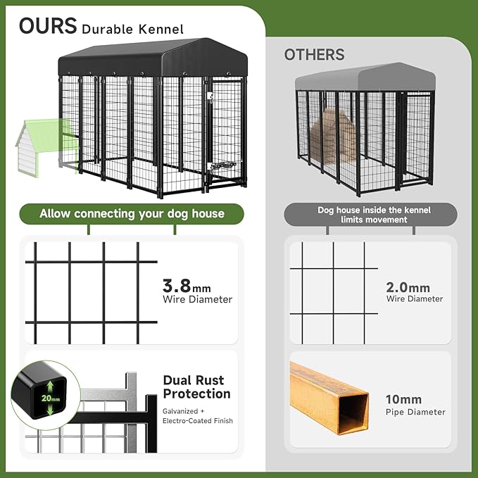 2PCS Dog Kennel Outdoor, Large Outside Dog Kennel with Roof & Swivel Feeders/Removable Doggy Door Allow Connecting Your Dog House, Heavy Duty Dog Run Pen for Medium/Large Dogs (8'Lx4'Wx6'H)