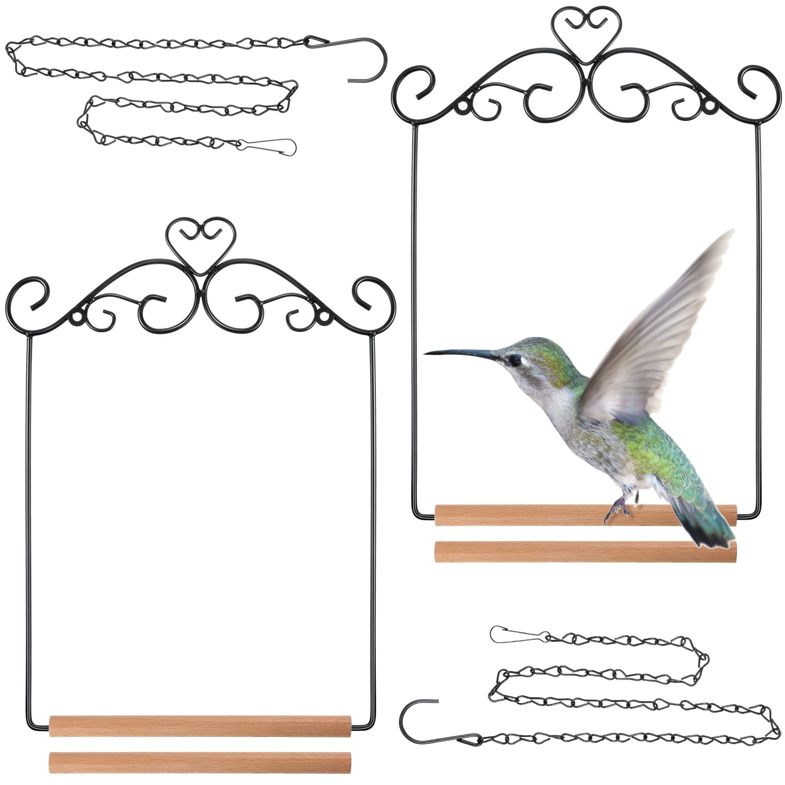 Hotop 2 Pcs Hummingbird Swings and Perches Metal Frame Bird Swing with 2 Replacement Wooden Dowel and 2 Hanging Chain for Outdoor Bird Feeders, Planters, Lanterns Ornaments(Black)