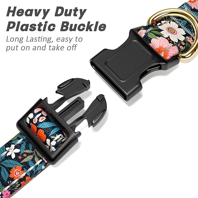 TMOODEL Reflective Dog Collar for Large Dogs, Cute Flower Theme Adjustable Heavy-Duty Nylon Puppy Collar for Boy and Girl Female, Soft Pet Accessories with Quick Release Buckle, Elegant Floral