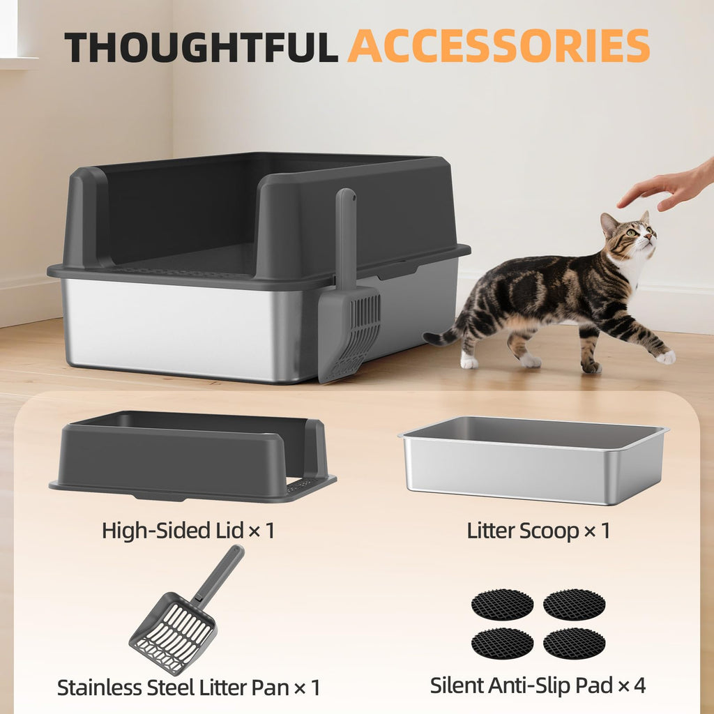 Stainless Steel Cat Litter Box, XXL High Sided Open Top Litter Pan, 1 Scoop