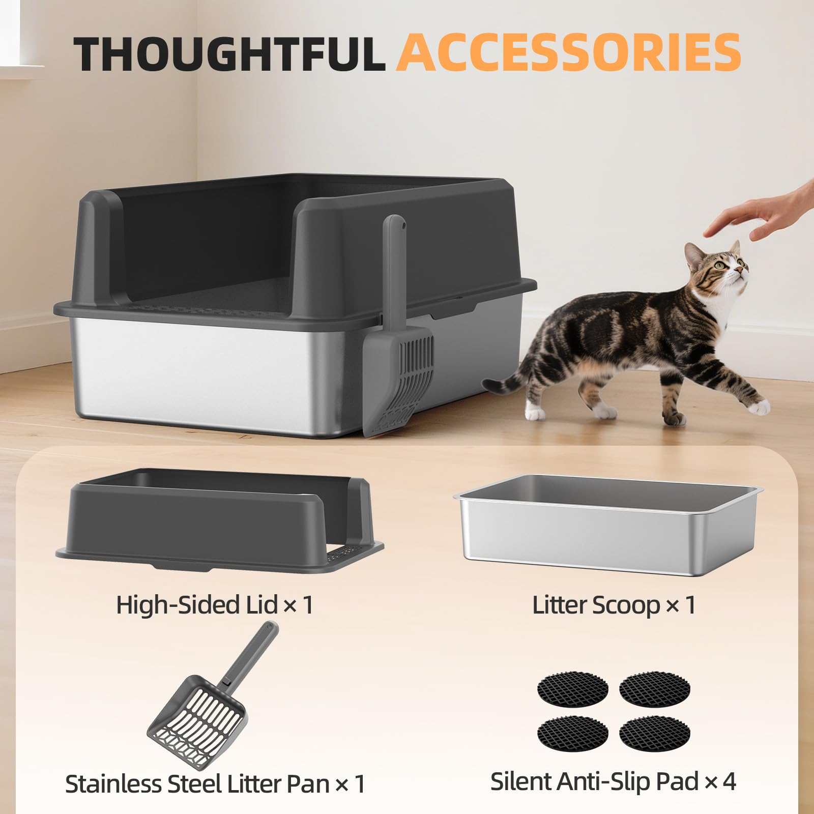 Stainless Steel Cat Litter Box, XXL High Sided Open Top Litter Pan, 1 Scoop