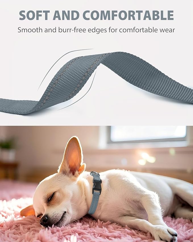 Joytale Puppy Collar, Feather-Light Double-Sided Reflective Nylon Collar for Night Safety, Adjustable Quick-Release for Extra Small Dogs, Gray, XS (3/8" Width)