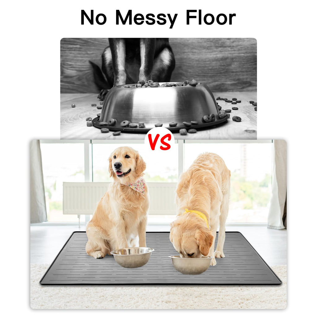 39.4"x29.5" Large Pet Food Mat, Silicone Dog Mats for Food and Water, Nonslip Pet Feeding Mats for Floors,Dog Cat Bowl Mat with Raised Edges, Dark Gray
