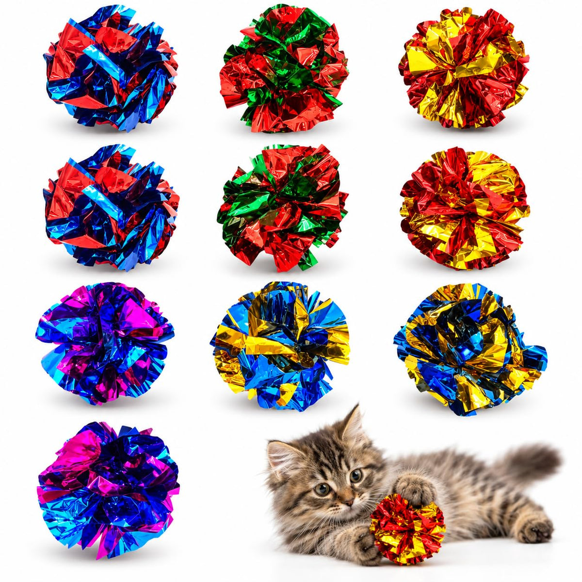 QUVOVID Cat Crinkle Ball Toys, 10 Pack 2.3 Inch Colorful Crinkle Balls for Indoor Cats and Kittens, Interactive Cat Toys for Swatting, Chasing, Pouncing and Hunting