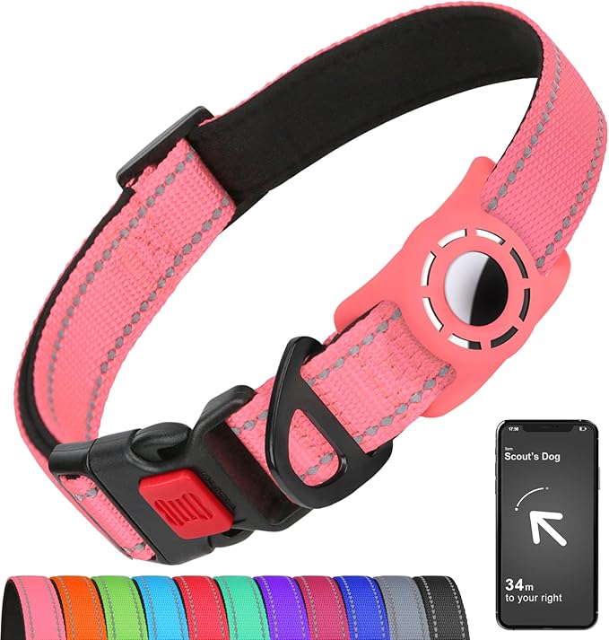 Erbine AirTag Dog Collar with AirTag Holder Compatible for Air Tag, Reflective Soft Padded, Safety Locking Buckle, Adjustable Nylon for Small Medium Large Dogs (Pink,XS)