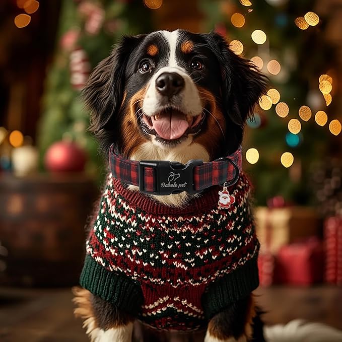 Babole Pet Christmas Dog Collar for Large Dogs - Vintage Red Green Tartan Christmas Collars for Dogs, Soft Adjustable Winter Holiday Dog Collars with Quick Release Buckle L