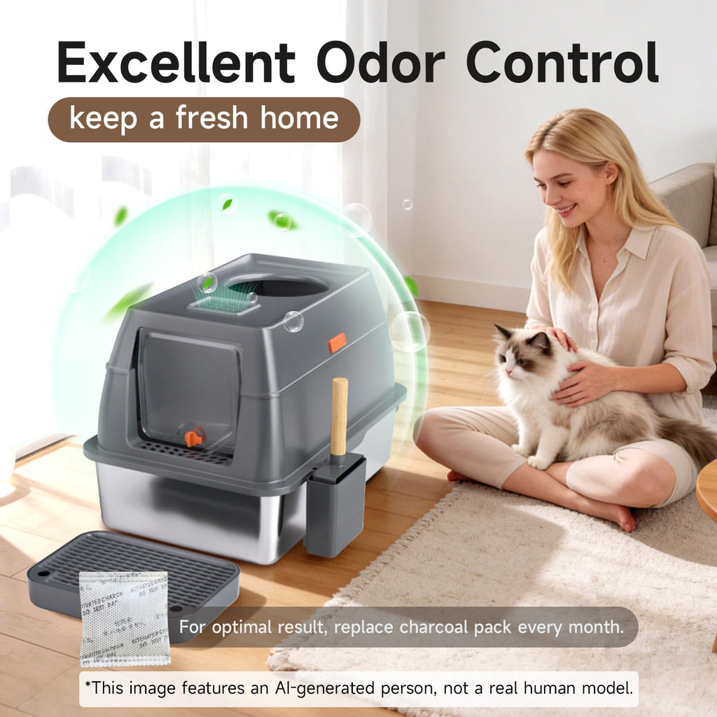 Tevila XL Enclosed Stainless Steel Litter Box with Lid, Dark Gray