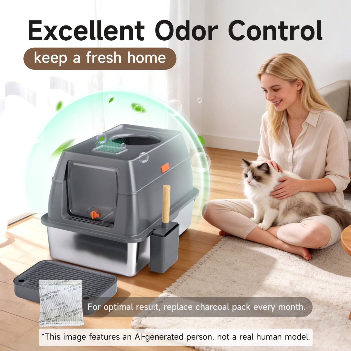 Tevila XL Enclosed Stainless Steel Litter Box with Lid, Dark Gray
