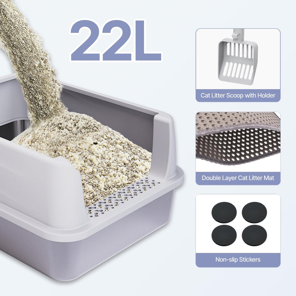 Henkelion Stainless Steel Cat Litter Box with Lid, Extra Large Litter Box for Big Cats with High Sided, Non-Sticky, Anti-Urine Leakage, Easy Cleaning, Include Cat Mat and Scoop with Holder (S)