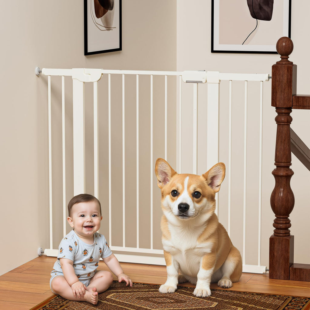 MUTAK 29.5-46" Magnetic Baby Gate for Stairs, Baby Safety Essentials, Auto Close Gate for Doorways, Easy Install Pressure Mounted Dog Gate Indoor, Pet Gates for Dogs, White