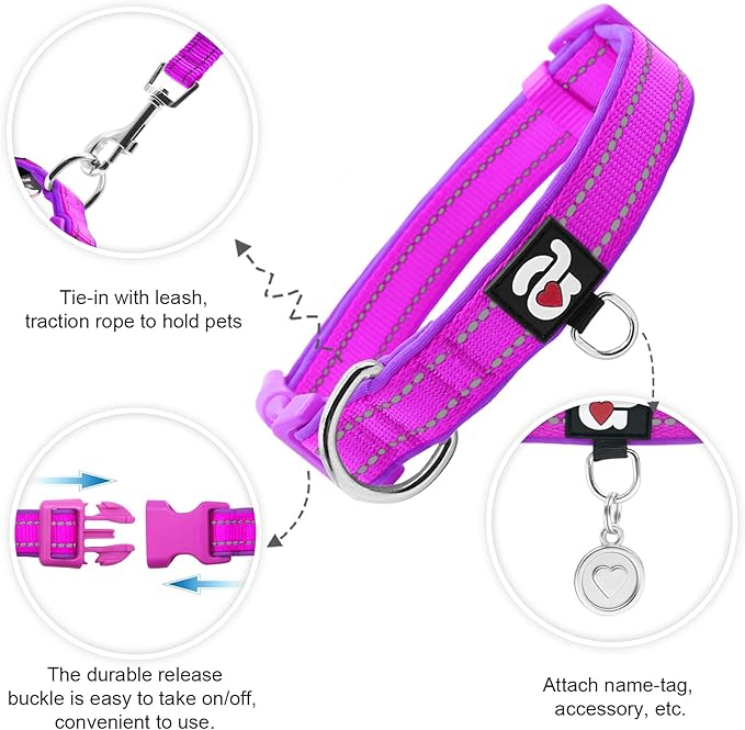 azuza Reflective Dog Collar with Airtag Holder, Soft Neoprene Padded Pet Collar with ID Tag Ring, Adjustable for Medium Dogs,Purple,M