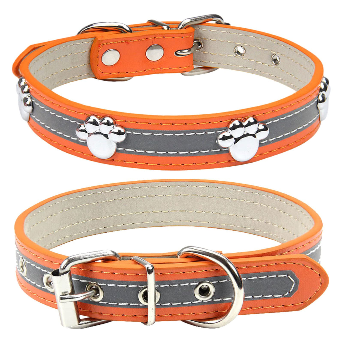 PETCARE Reflective Dog Collar with Cute Paw Rivet Studded Funny Soft PU Leather Adjustable Puppy Dog Collars for Small Medium Large Dogs Cats (Pink,Medium)