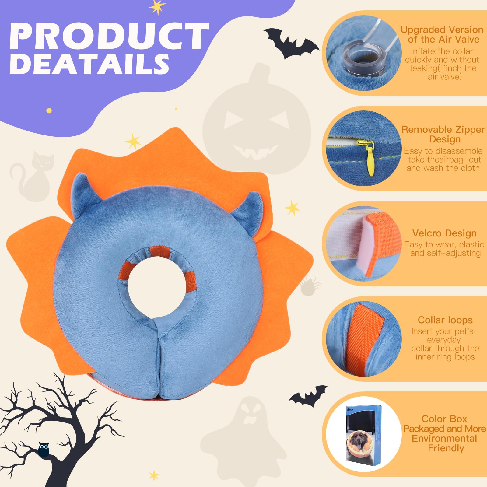 IEUUMLER Inflatable Recovery Dog Collar, Protective Donut Cone, Adjustable Soft Collar for Dog and Cat After Surgery Prevent from Biting & Scratching EU002 - Blue Demon L+
