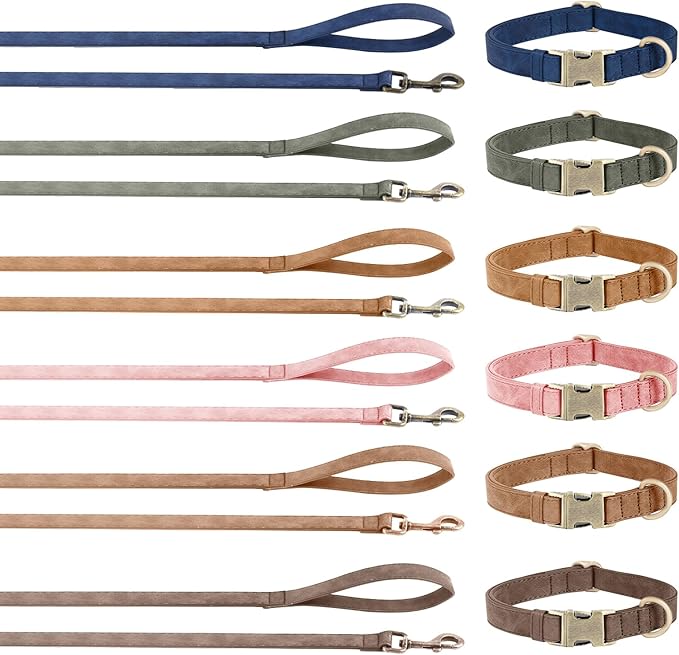 Genuine Leather Dog Collar - Adjustable Pet Collar with Quick Release Metal Buckle, Soft Skin Friendly Real Leather Collar for Small, Medium, Large Dogs (Pink Collar + Rope, S：Fit 8-16" Neck)
