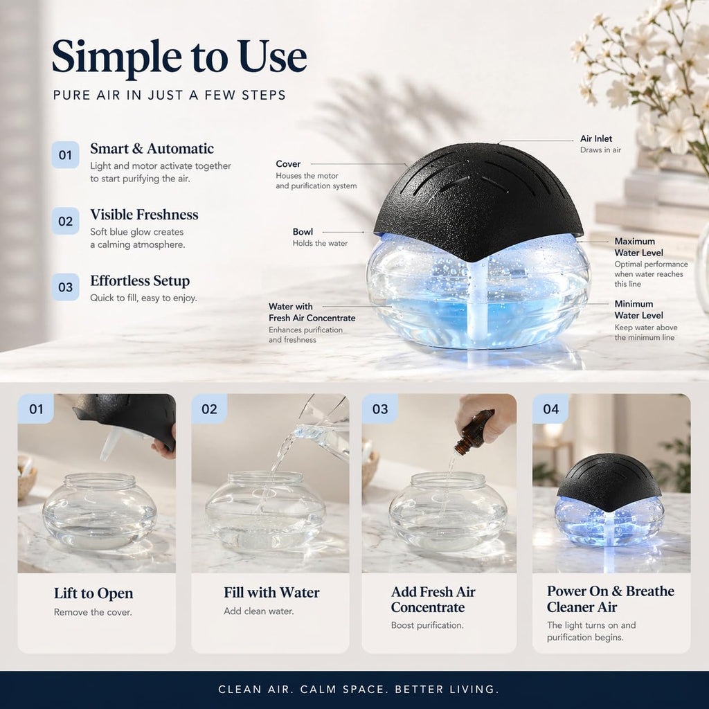 Air Freshener（Black） - for Home, Bedroom, Office and Warehouse - Essential Oil Aroma Diffuser with LED Color Night Light and Soothing Water Flow Sound - for Pets and Smokers.
