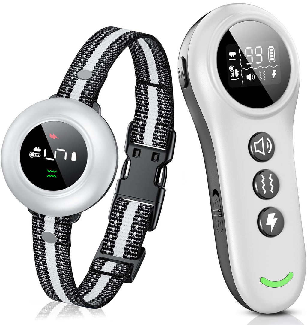 2-in-1 Dog Shock Collar & Dog Bark Collar - Smart Anti Barking Dog Training Collar with 5 Adjustable Sensitivity & 3300FT Remote for All Breeds IP67 Waterproof Rechargeable E-Collar (White)