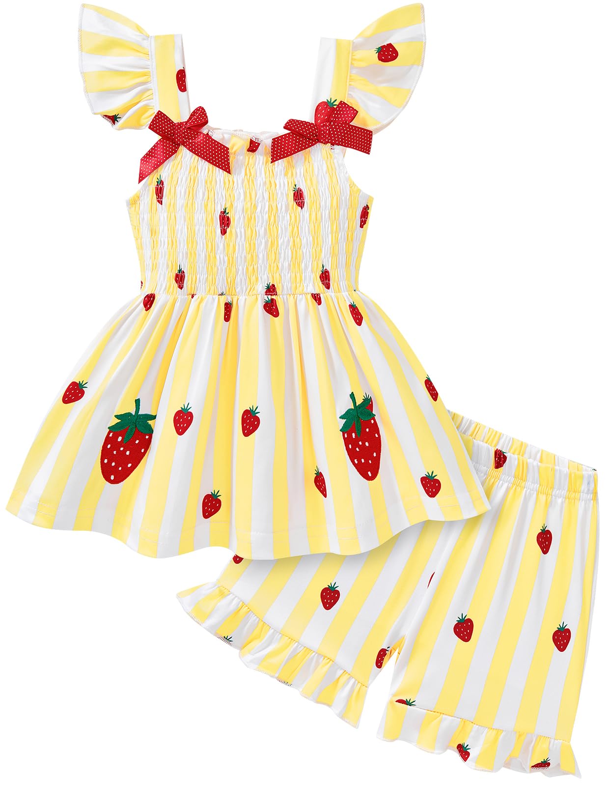 Popshion Baby Girls Summer Clothes Strawberry Outfits for Girls Ruffle Sleeveless Smocked Shirts Strawberry Top and Short 2pcs Yellow Outfits Set Size 4t/2229