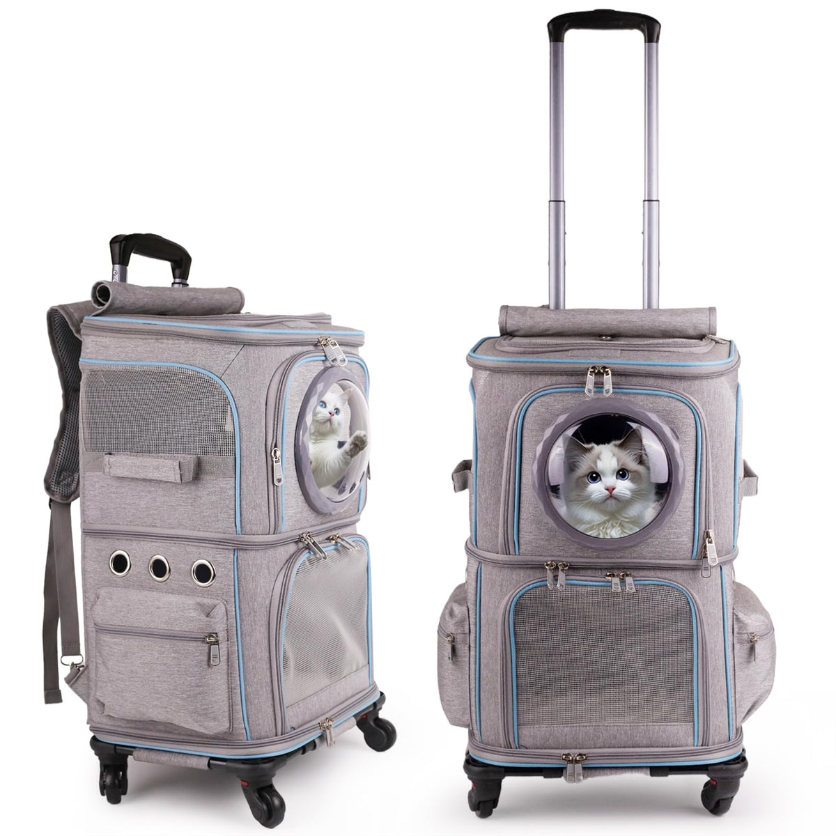 2-in-1 Pet Carrier Backpack for Two Cats or One Dog, Green Double-Layer 2 Compartment Carry Bag to Transport Small Animals Traveling and Hiking, Space Capsule Clear Bubble Dome