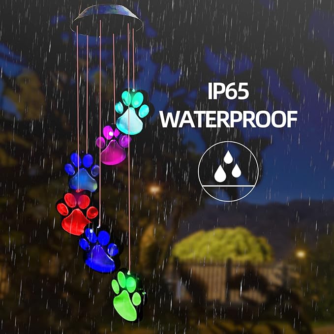 Paw Print Solar Wind Chimes, Color Changing Paw Prints Solar Lights Outdoor