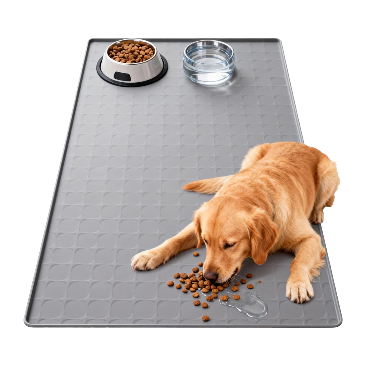 TCULOSD Extra Large 34x22 Inch Machine Washable Silicone Pet Food Mat - Waterproof Dog & Cat Bowl Mat with Raised Edge, Non-Slip Floor Protector for Large Dogs, Multi-Pet Homes (Black)