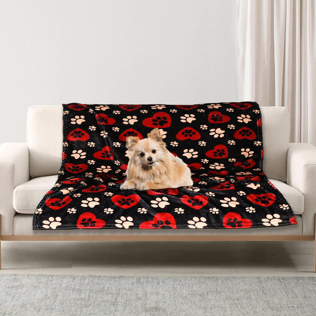 Gowyeg Dog Blanket for Large Dogs, Soft Flannel Cute Paw Black Red 50"x40"