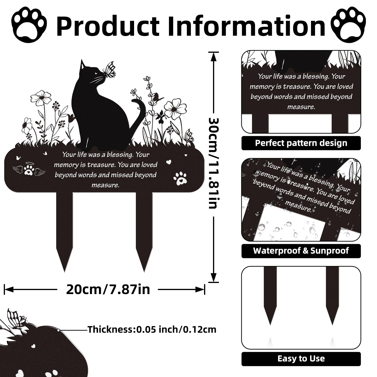 Pet Cat Memorial Grave Markers - Rngmsi Flowers Butterfly Cat Metal Garden Stakes Grave Decorations for Cemetery Pussy Memorial Stones Plaques for Outdoors