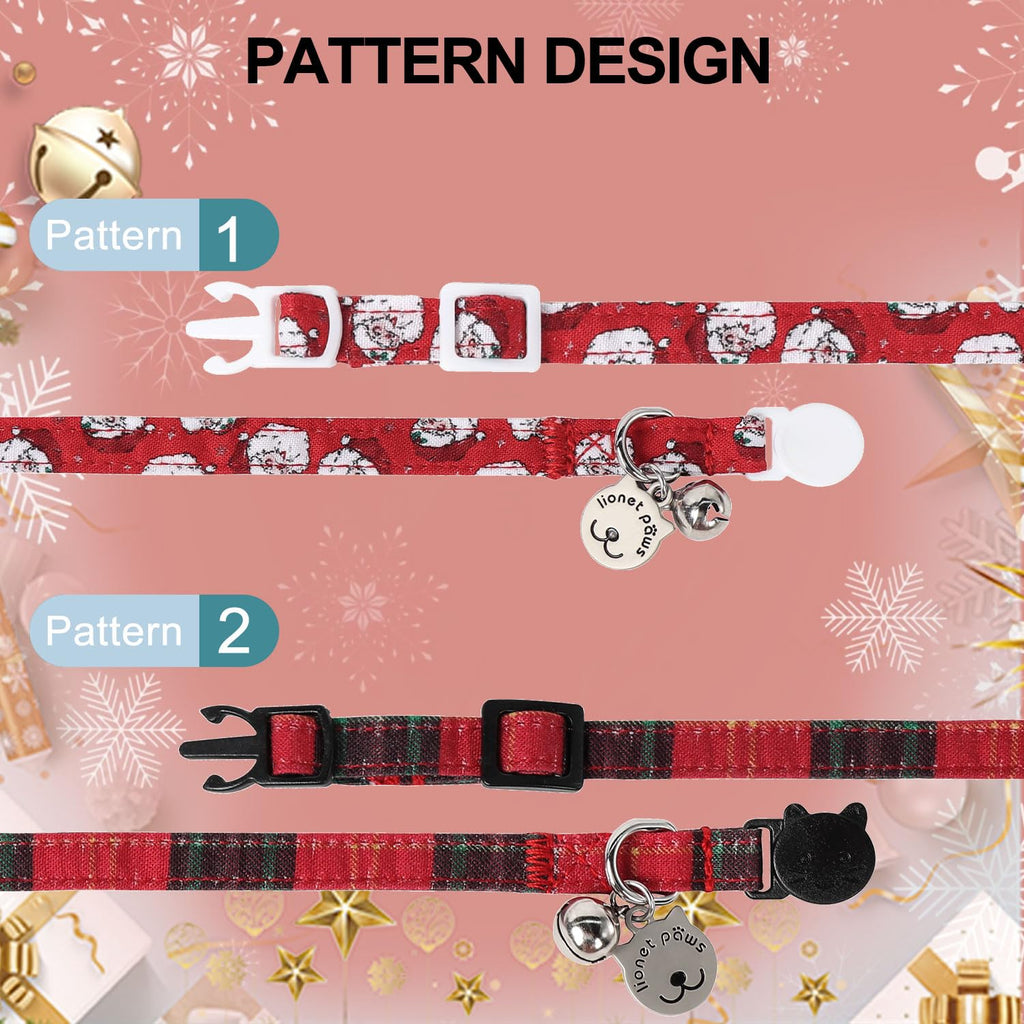 Lionet Paws 2pcs Pack Cotton Cat Collar,Breakaway Buckle Christmas Cat Colar with Santa,Red Green Grid Cute Adjustable Cat Kitten Collar,Ideal for Girl Cats Boy Cats