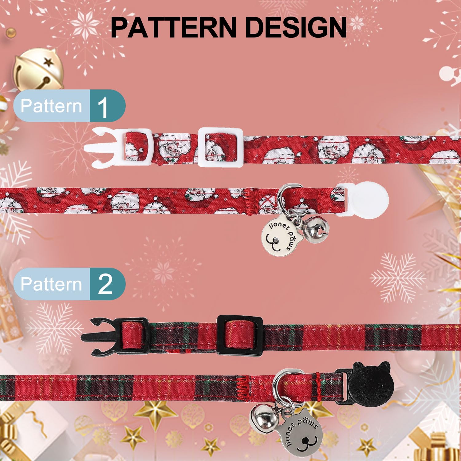 Lionet Paws 2pcs Pack Cotton Cat Collar,Breakaway Buckle Christmas Cat Colar with Santa,Red Green Grid Cute Adjustable Cat Kitten Collar,Ideal for Girl Cats Boy Cats