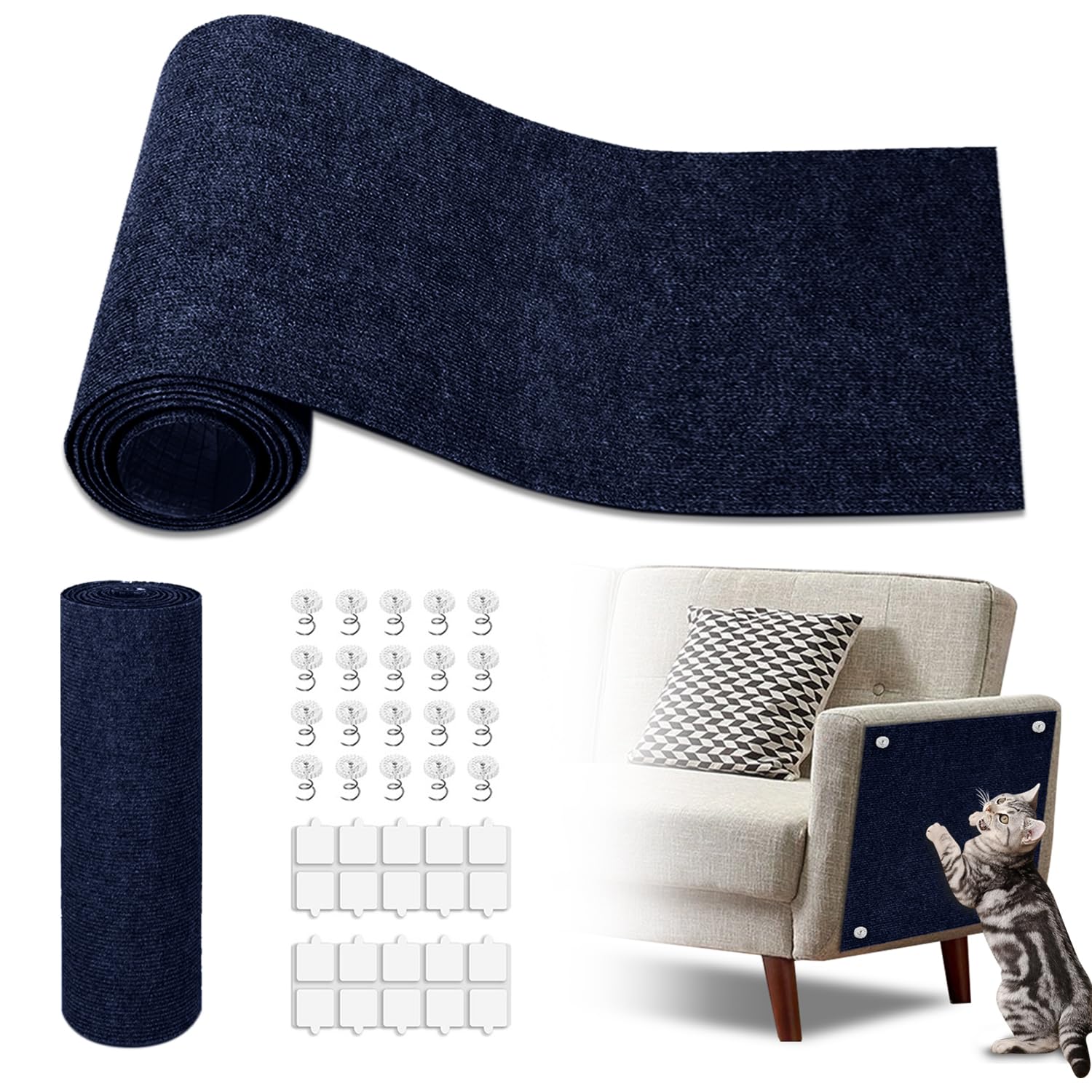 Cat Scratch Mat,118.5"x17.4" Trimmable Self-Adhesive Cat Scratch Furniture Protector, Sticky Cat Scratcher Wall Mat, Covering Cats Tower, Couch Protector from Cats Claws (Dark Blue)