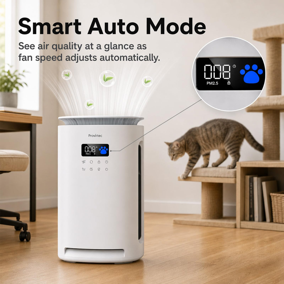 Provirtec Pet Air Purifier for Home with 2 Washable Pre-Filters, H13 HEPA