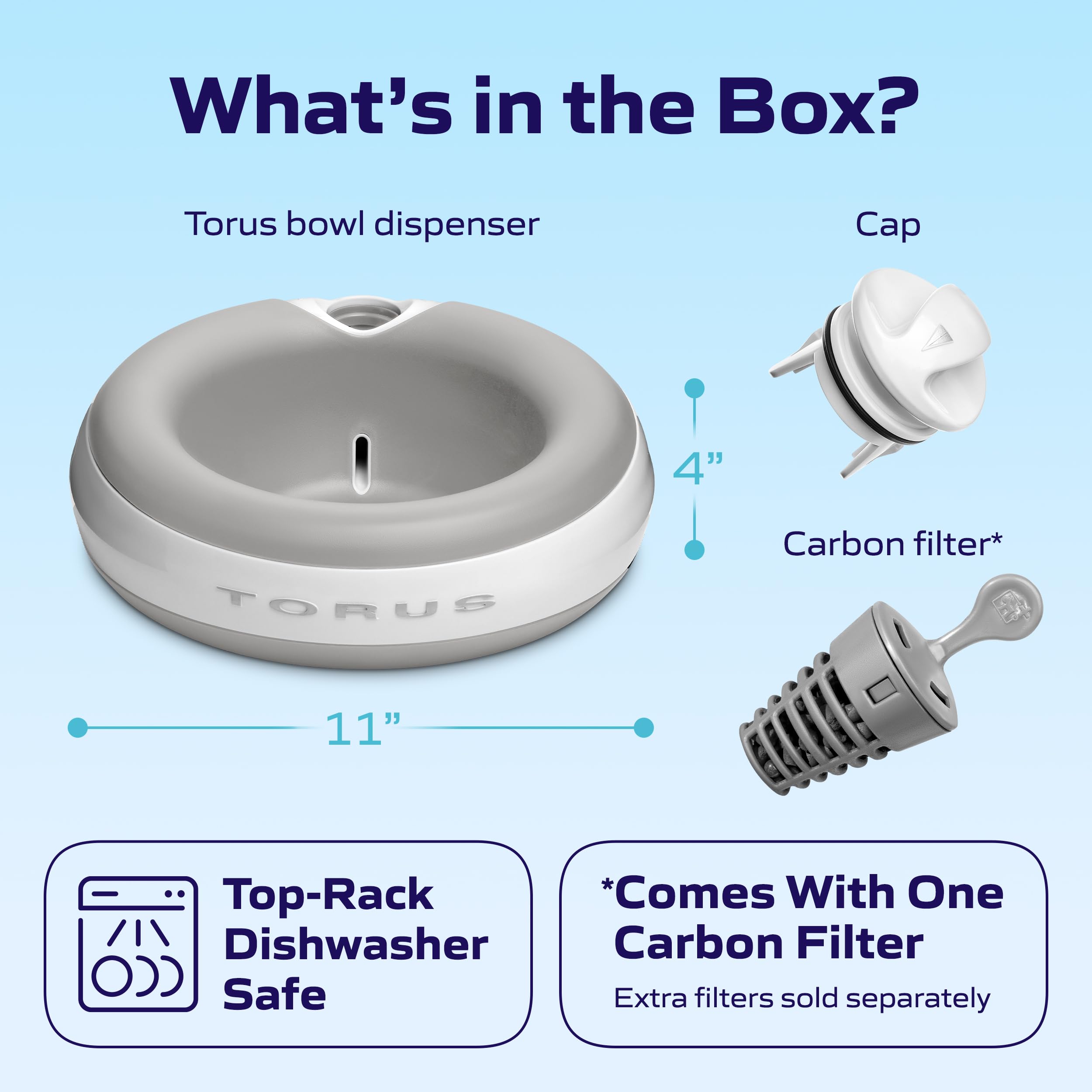 TORUS PET Maxi Filtered Dog Water Bowl, 2L/68oz — No Power or Batteries Needed, Auto-Refill, No Spill, Portable Travel Lock, Carbon Filter, BPA-Free, Dogs & Cats