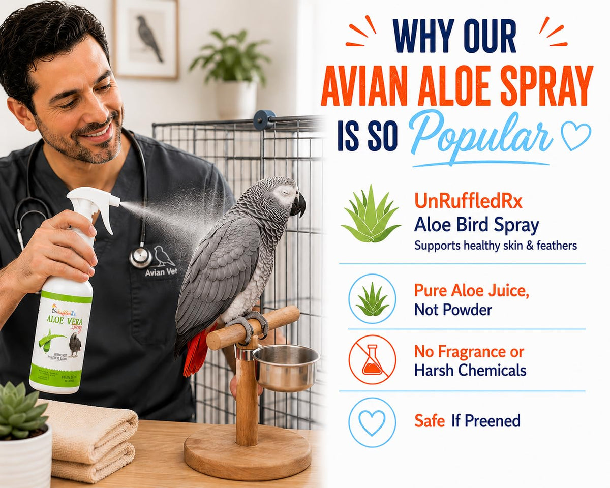 UnRuffledRx Aloe Vera Bird Spray for Parrots | Gentle Daily Support for Itchy Skin, Scratching, Dry Feathers & Feather Comfort | Fragrance Free & Safe if Preened, 8 oz