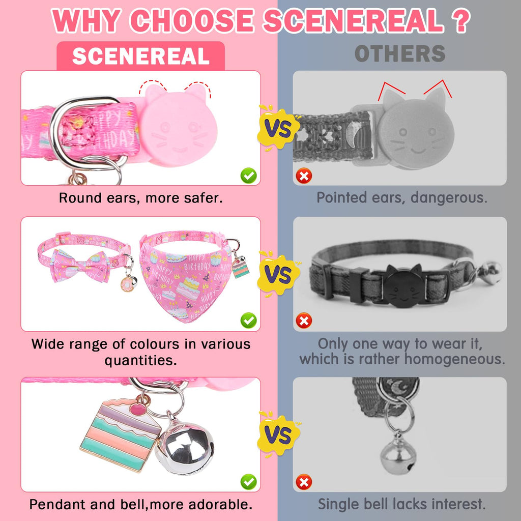 SCENEREAL Cat Bandana Collar for Birthday - 2 Pack Breakaway Kitten Collars With Bell Bowtie, Accessories for Pets, Adjustable Cute for Cats and Small Dogs Boys Girls, (Pink)